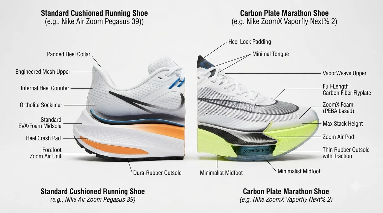 일반 러닝화 vs 카본 러닝화 구조 및 안정성 비교